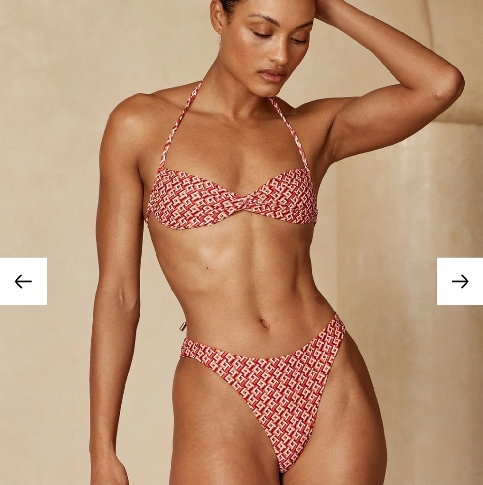 Monday Swimwear red lattice geo bikini set tamarana top capri thong medium NWT